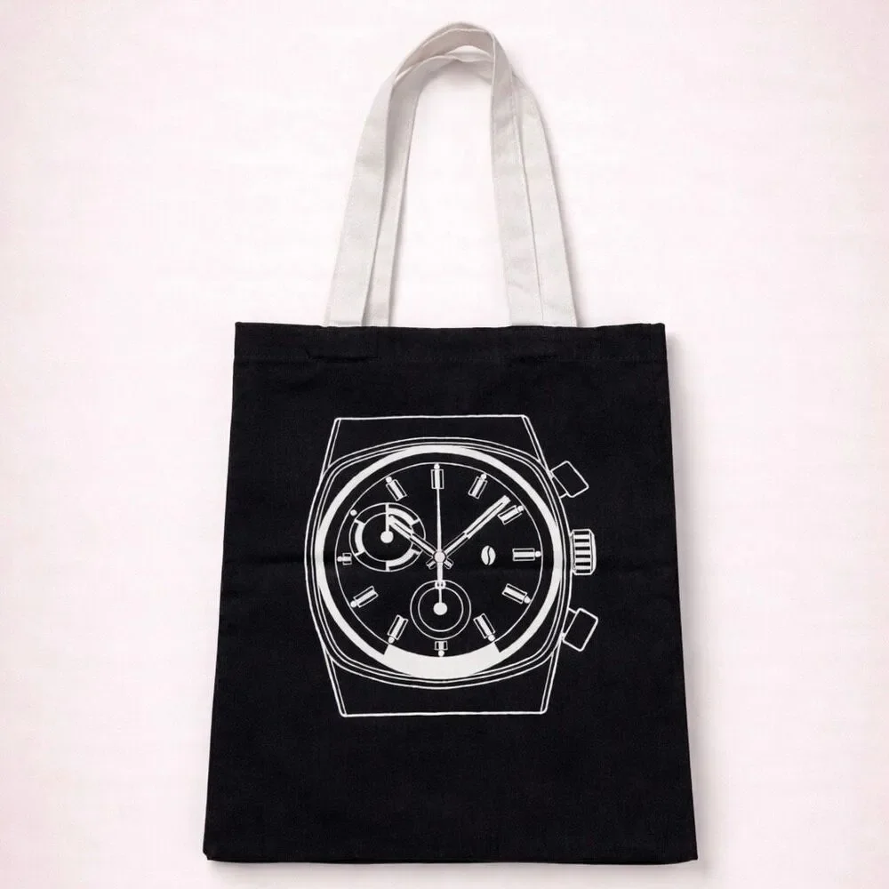 Brew Watch Co Canvas Tote Bag Watch Dial Graphic Black Reusable Shopper